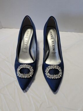 Anne Klein Navy Satin Pointed Toe Heels with Crystal Buckle